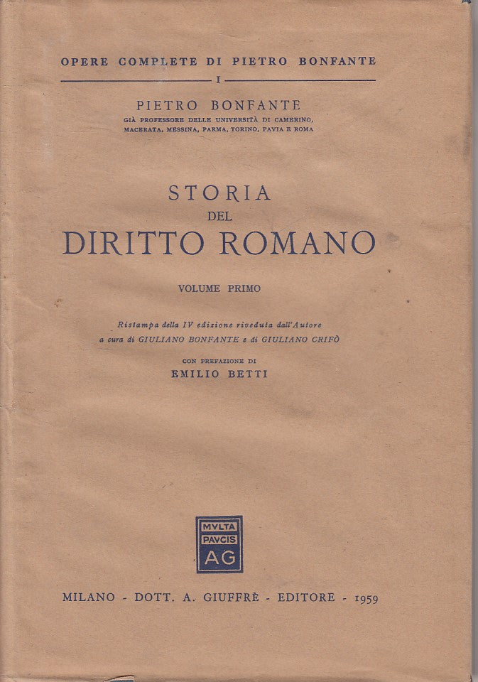 LS- STORIA DEL DIRITTO ROMANO VOL.1 - BONFANTE - GIUFFRE' --- 1959 - CS - ZFS30