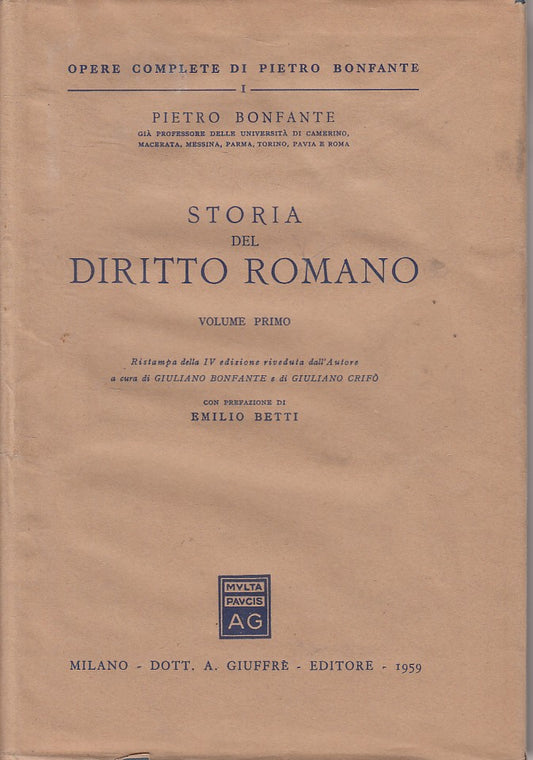 LS- STORIA DEL DIRITTO ROMANO VOL.1 - BONFANTE - GIUFFRE' --- 1959 - CS - ZFS30