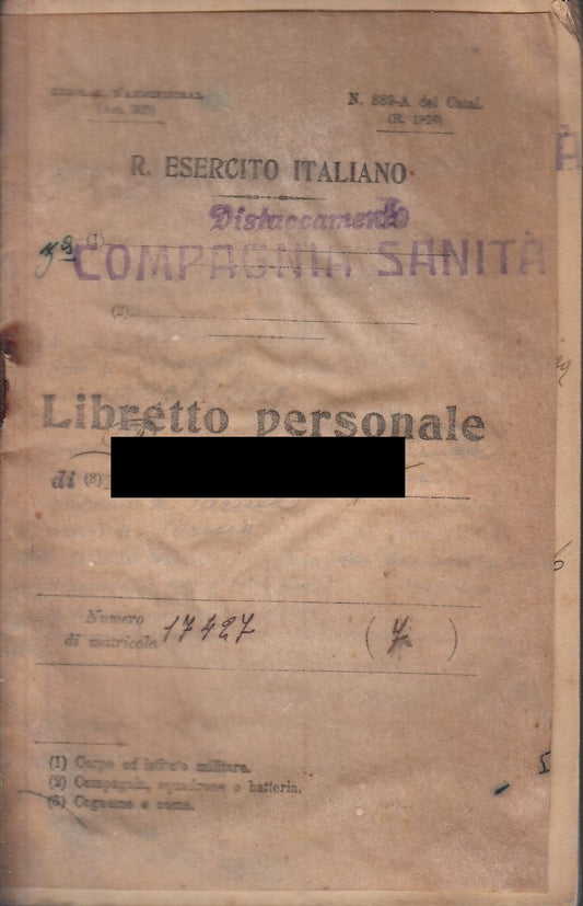 LZ- LIBRETTO PERSONALE COMPAGNIA SANITA' -- ESERCITO ITALIANO --- 1926- S- XFS59