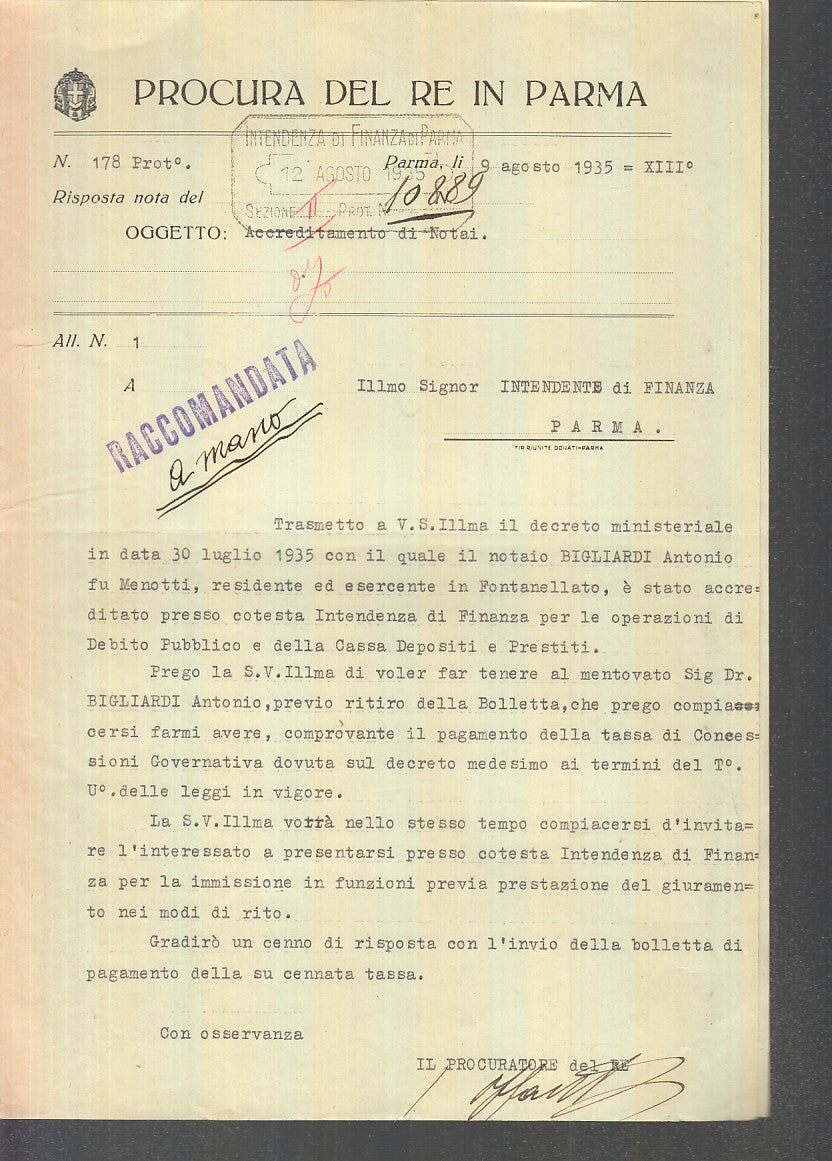 LH- DOCUMENTO ORIGINALE RACCOMANDATA A MANO PROCURA RE IN PARMA 1935/XIII- XFS53