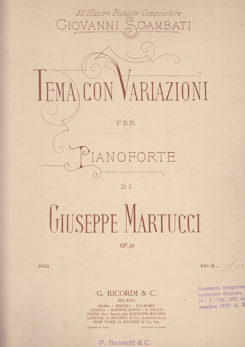 LT- TEMA CON VARIAZIONE PER PIANOFORTE MARTUCCI - SGAMBATI ---- 1937- B- YFS522