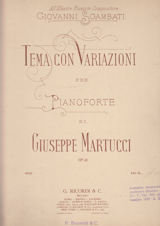 LT- TEMA CON VARIAZIONE PER PIANOFORTE MARTUCCI - SGAMBATI ---- 1937- B- YFS522