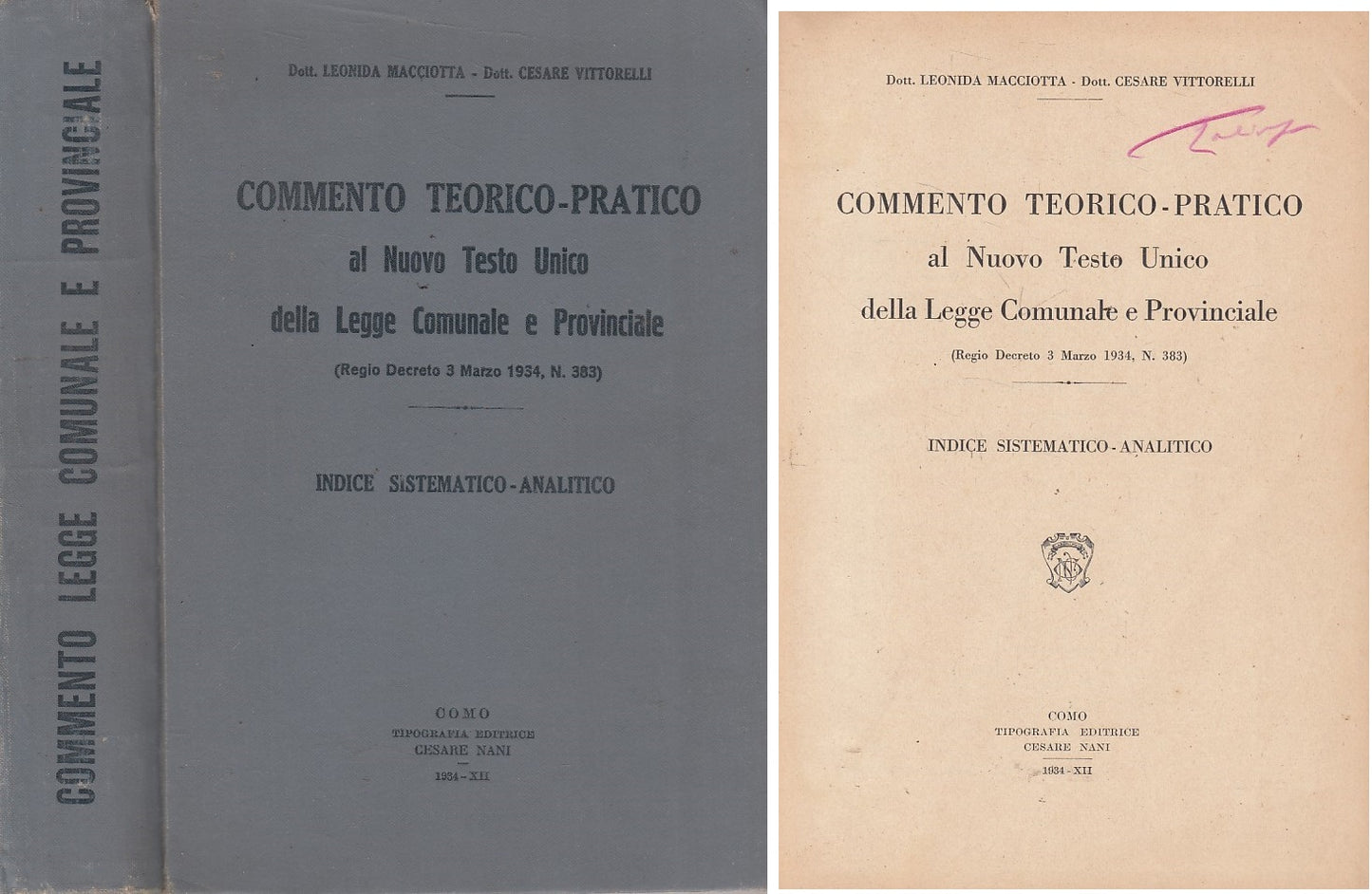 LS- COMMENTO LEGGE COMUNALE E PROVINCIALE -- COMO --- 1934 - C - ZFS77