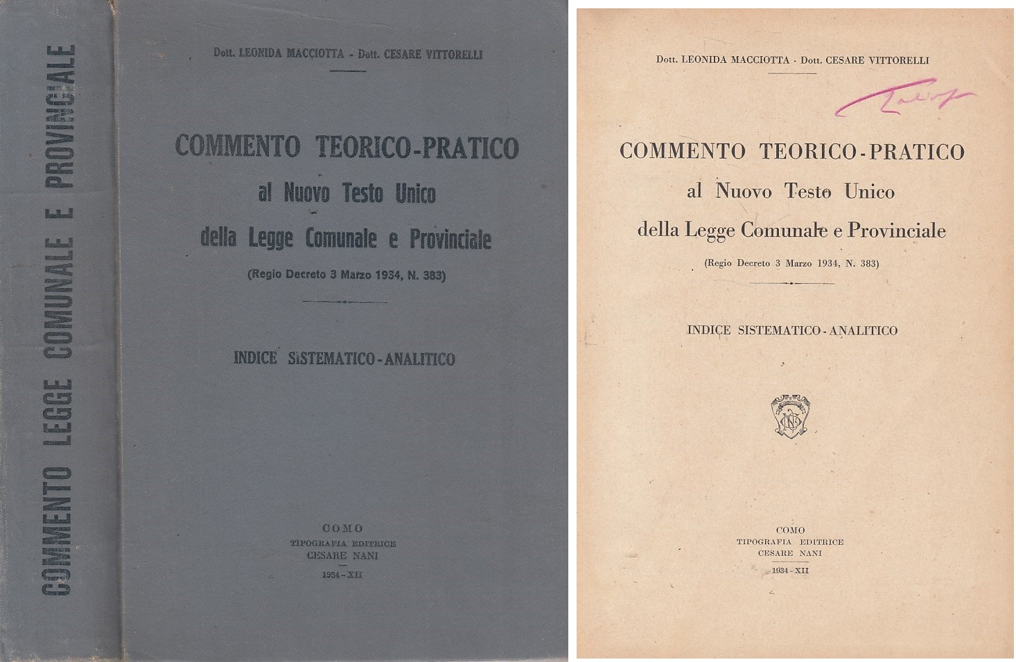 LS- COMMENTO LEGGE COMUNALE E PROVINCIALE -- COMO --- 1934 - C - ZFS77