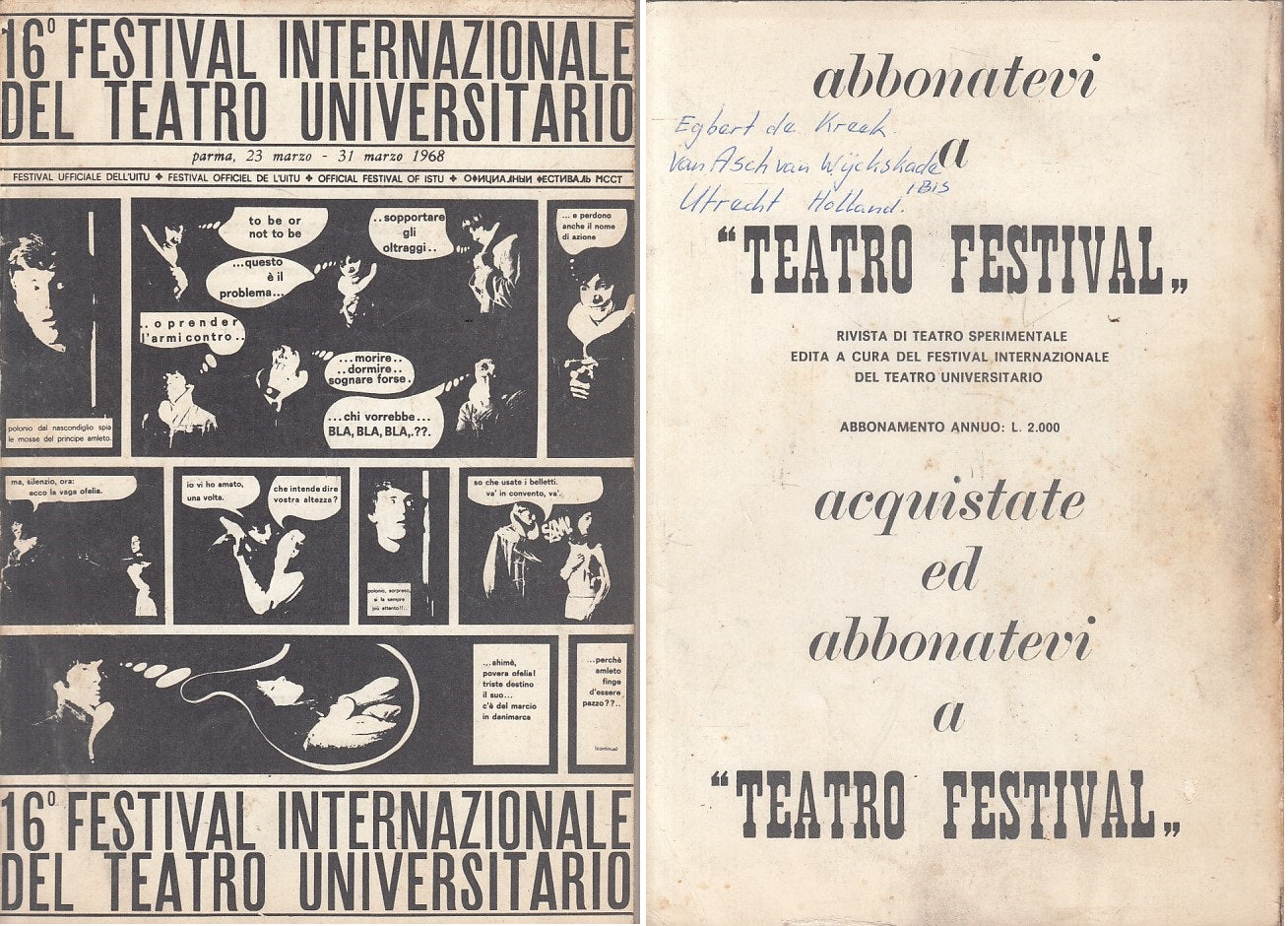 LS- 16° FESTIVAL INTERNAZIONALE TEATRO UNIVERSITARIO-- PARMA--- 1968 - B - YFS25