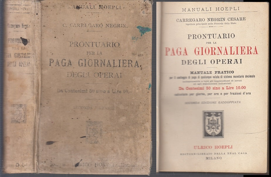 LH- PRONTUARIO PER LA PAGA GIORNALIERA OPERAI- CARREGARO NEGRIN- HOEPLI---1900- C- XFS39