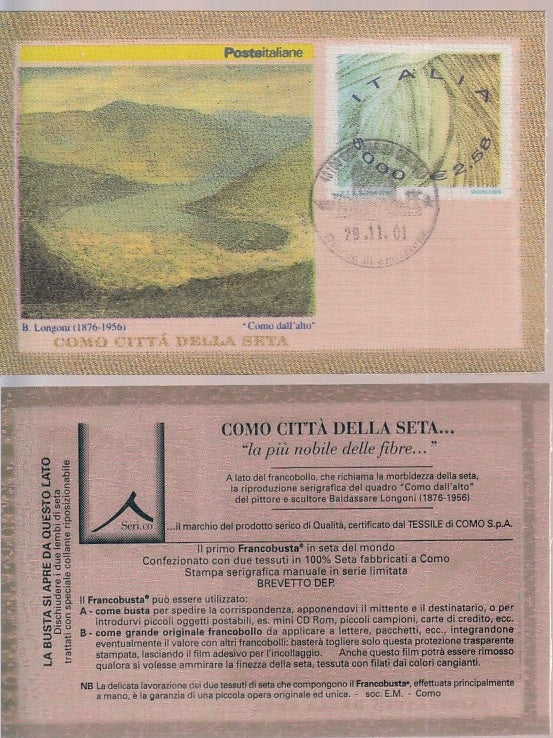 CV- FOGLIETTO FRANCOBUSTA COMO CITTA' DELLA SETA ITALIA 2001 ANNULLO XFS65 RFX27