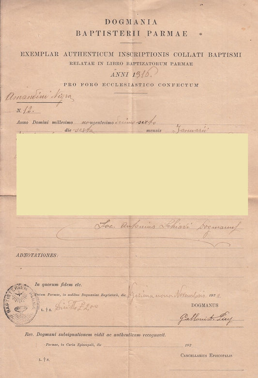 CV- CERTIFICATO BATTESIMO INSCRIPTIONI BAPTISMI PARMA 1916 - XFS65 RFX47