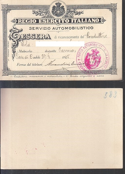 CC- TESSERA DI RICONOSCIMENTO DEL CONDUTTORE 1915 PATENTE REI - XFS65 RFX53