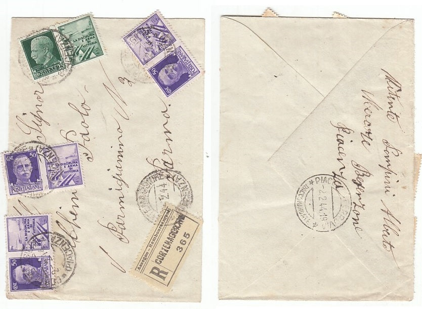CC- BUSTA VIAGGIATA POSTA RACCOMANDATA CORTEMAGGIORE 1944 - XFS65 RFX93