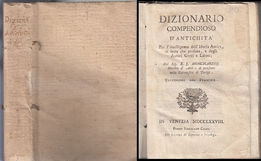 LH- DIZIONARIO COMPENDIOSO D'ANTICHITA' SETTECENTINA- MONCHABLON- 1778- B- XFS67