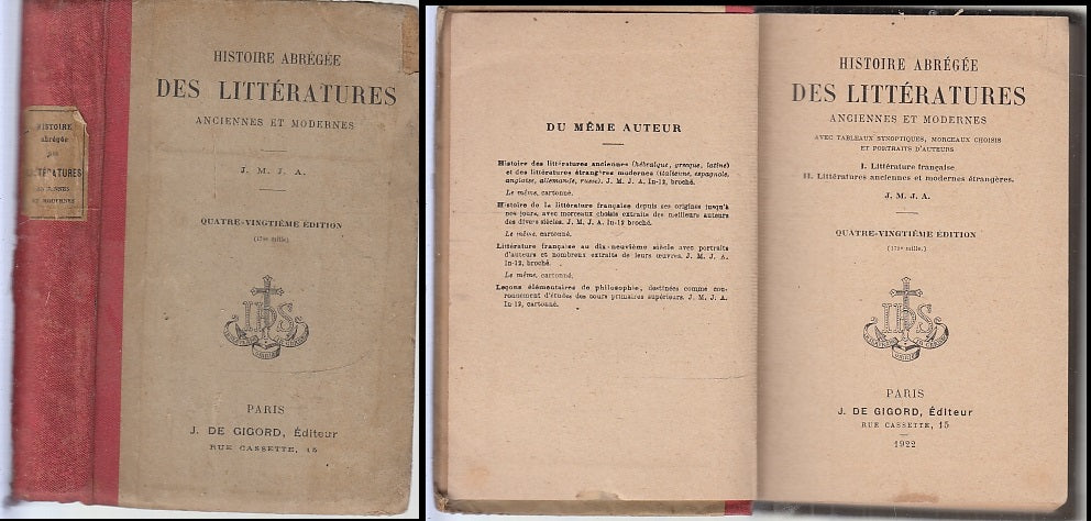 LH- HISTOIRE DES LITTERATURES ANCIENNE ET MODERNES-- DE GIGORD--- 1922- C- XFS69