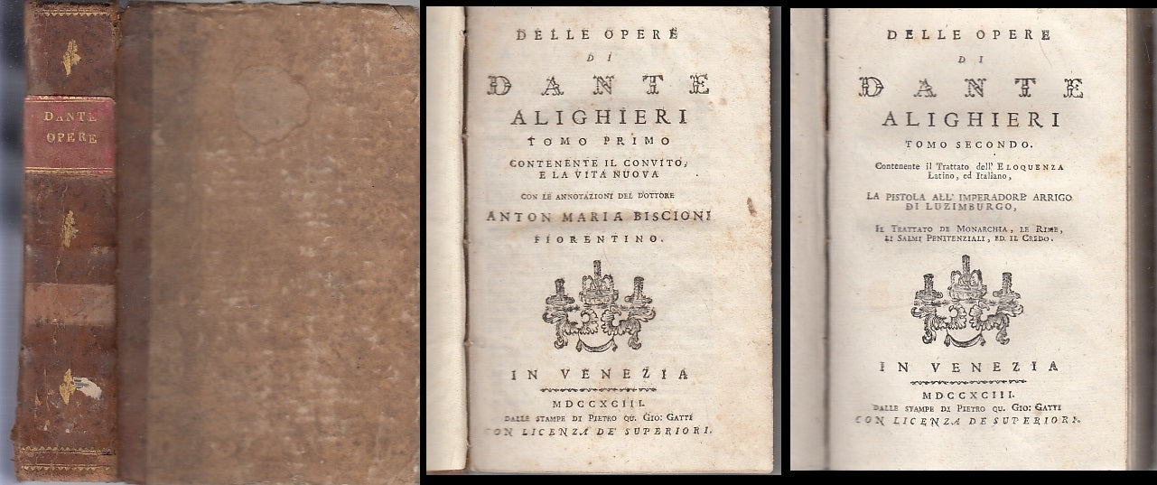 LH- DELLE OPERE DI DANTE ALIGHIERI 2 TOMI--PIETRO GATTI VENEZIA--- 1793- C-XFS23