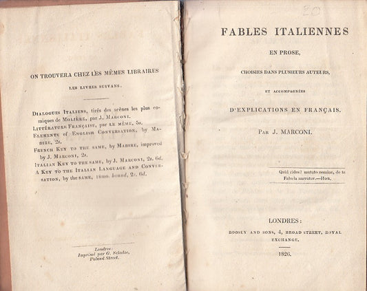 LN- FABLE ITALIENNES- J. MARCONI (A CURA DI)- BOOSEY AND SONS--- 1826- C- ZFS258