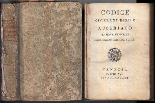 LH- CODICE CIVILE UNIVERSALE AUSTRIACO -- VENEZIA PAROLARI --- 1816 - C - XFS70