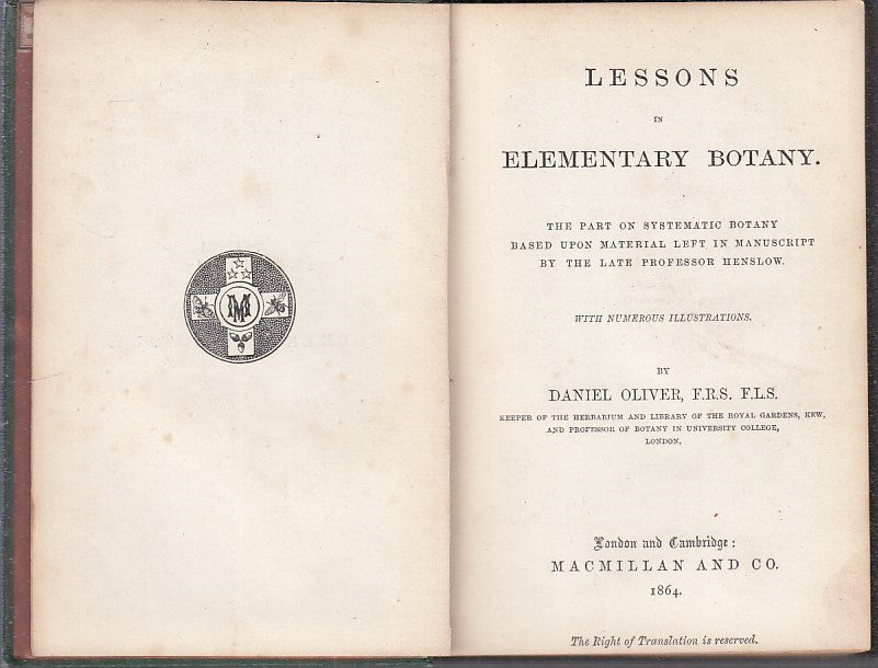 LZ-  LESSONS IN ELEMENTARY BOTANY- DANIEL OLIVER- MACMILLAN --- 1864- C - YDS586