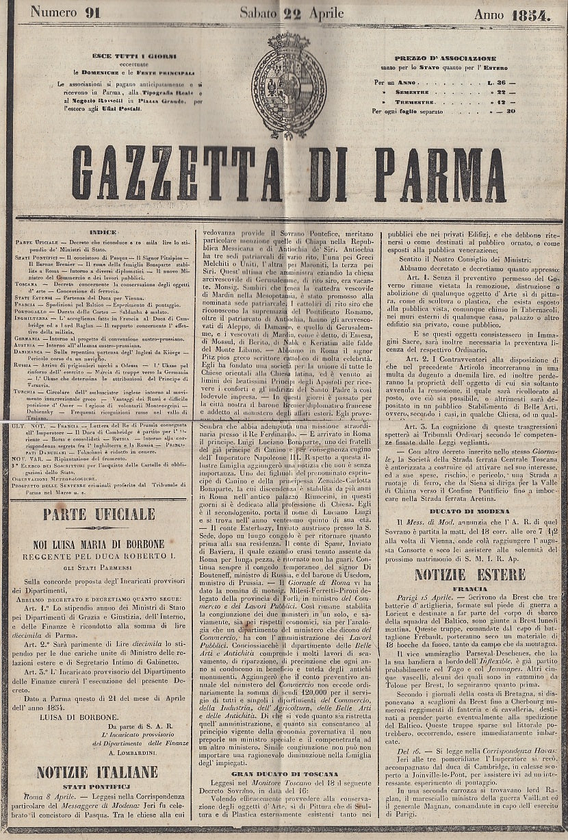 LH- GIORNALE GAZZETTA DI PARMA N.91 CONDANNA PENE CRIMINALI ----- 1854 - S - WPR