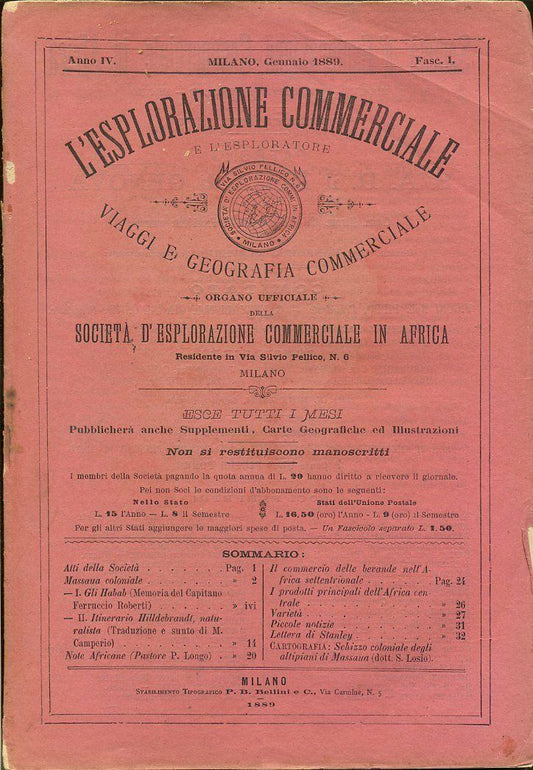 LR- RIVISTA L'ESPLORAZIONE COMMERCIALE 1/11 QUASI COMPLETA ----- 1889- B- YDS312