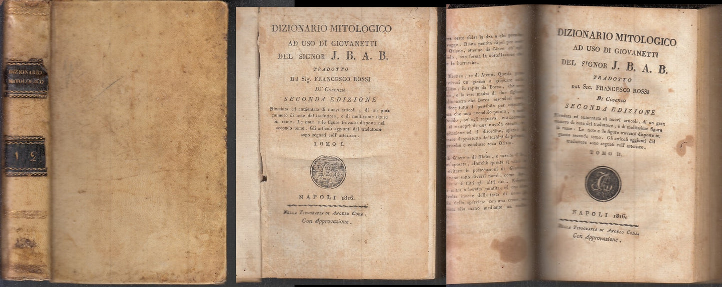 LH- DIZIONARIO MITOLOGICO TOMI I/II - J.B.A.B. - ANGELO CODA --- 1816 -- XFS140