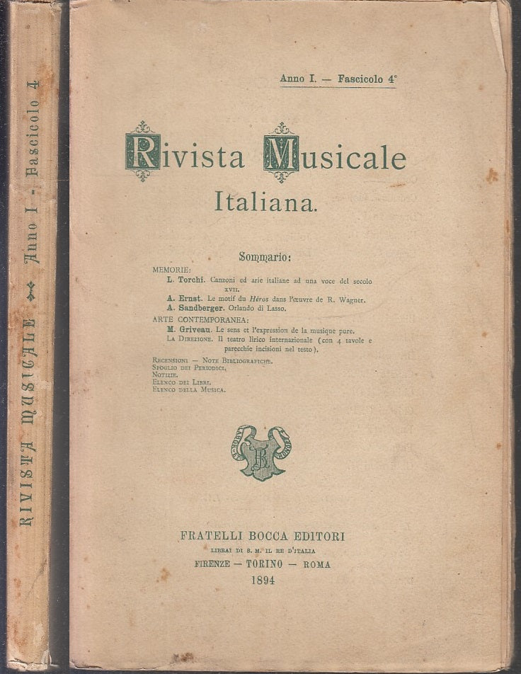 LH- RIVISTA MUSICALE ITALIANA ANNO I FASCICOLO 4 -- BOCCA --- 1894 - B - XFS62