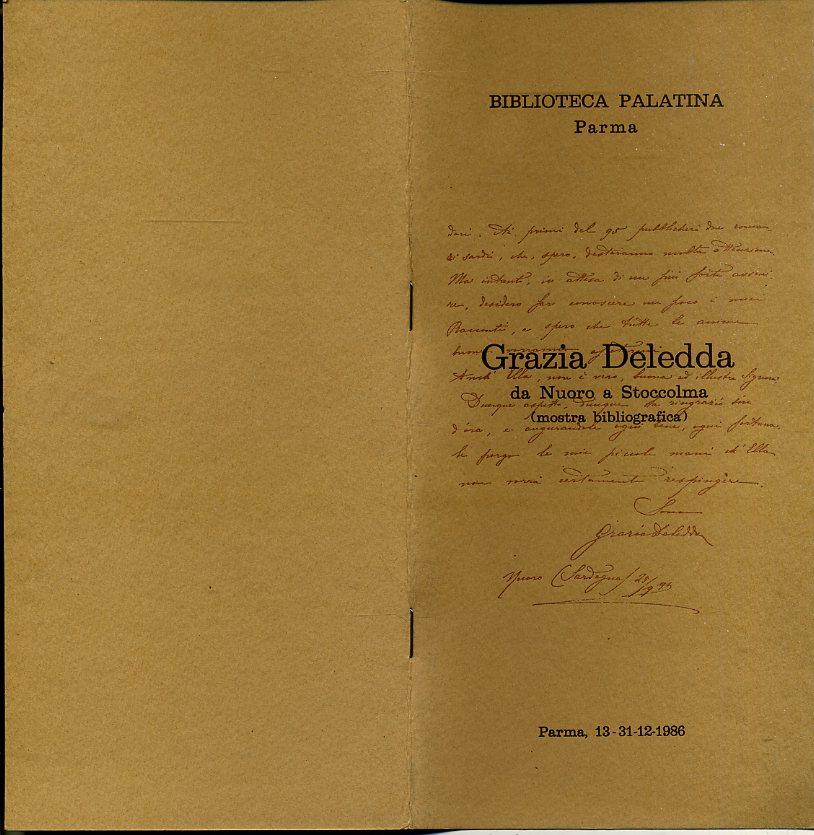 LT- GRAZIA DELEDDA DA NUORO A STOCCOLMA MOSTRA CATALOGO -- PARMA--- 1986- S- WPR