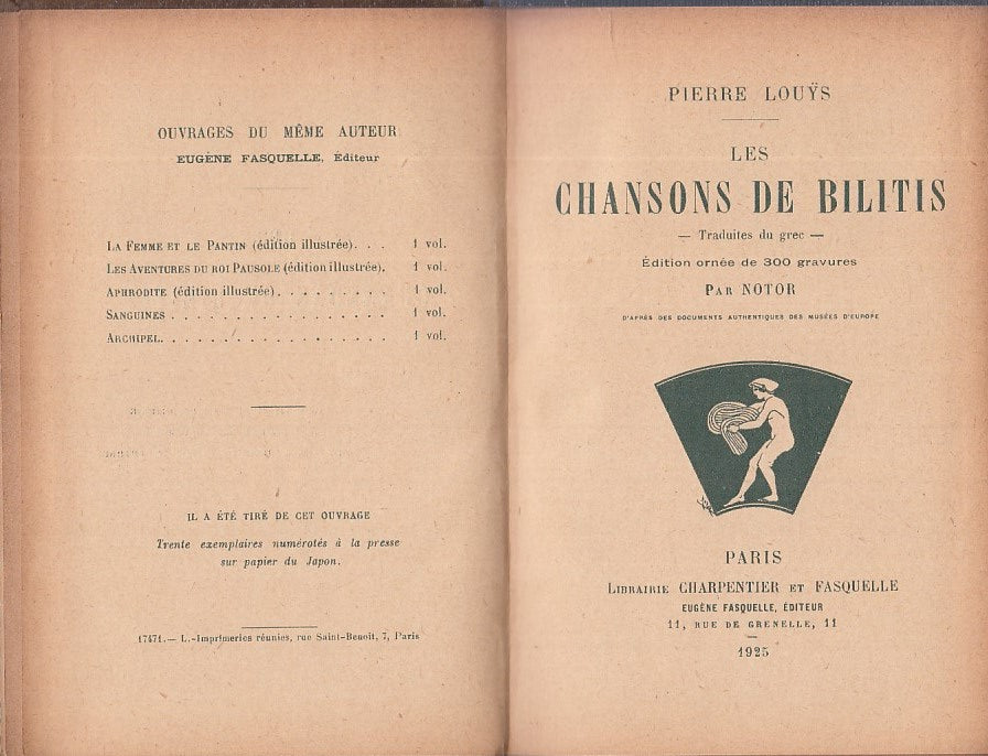 LN - LES CHANSONS DE BILITIS- LOUYS- CHARPENTIER ET FASQUELLE--- 1925- C- ZFS103