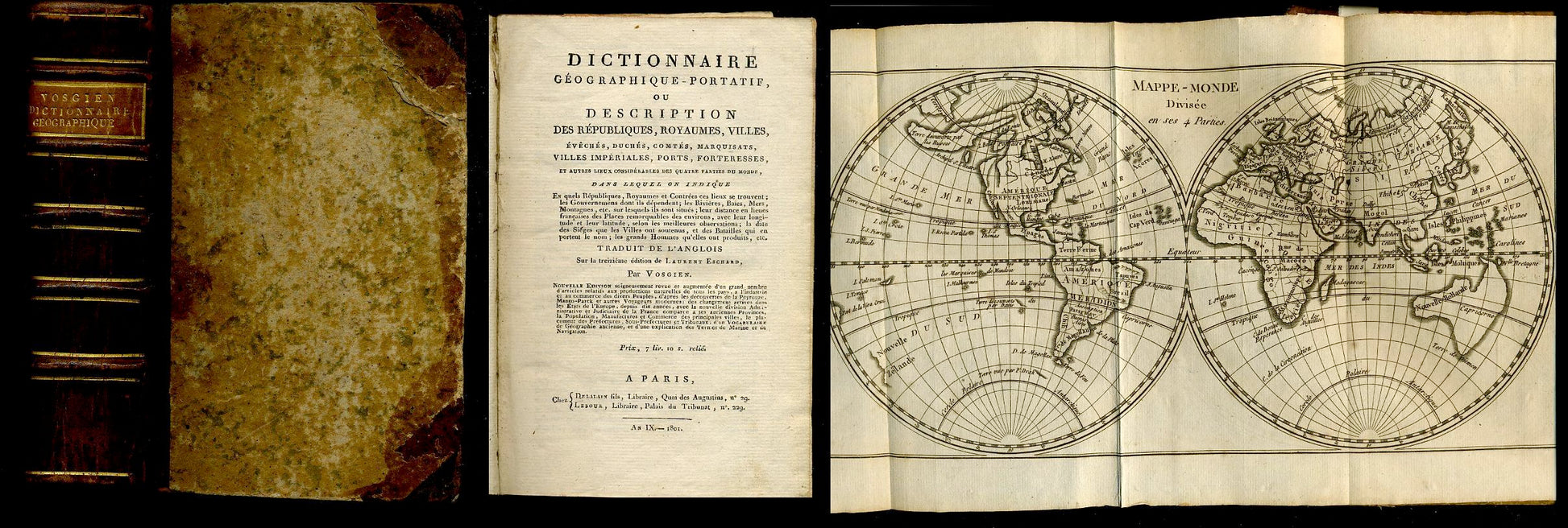 LH- DICTIONNAIRE GEOGRAPHIQUE PORTATIF CON CARTINE -- DELALAIN--- 1801- C- XFS98