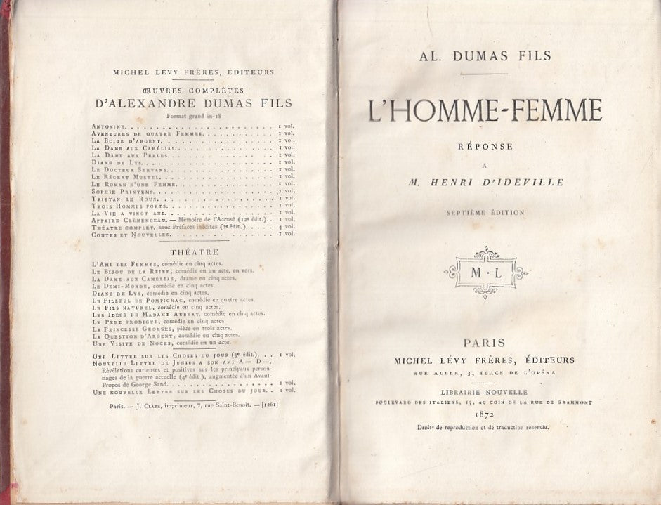 LZ- L'HOMME-FEMME - ALEXANDRE DUMAS FILS - MICHEL LEVY FRERES--- 1873- C- YFS496