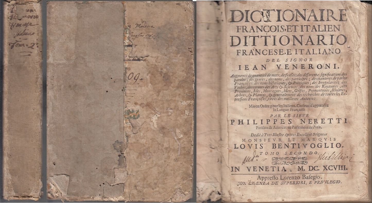 LH- DICTIONAIRE FRANCOIS ITALIEN TOMO I SEICENTINA - VENERONI---- 1698- C- XFS99