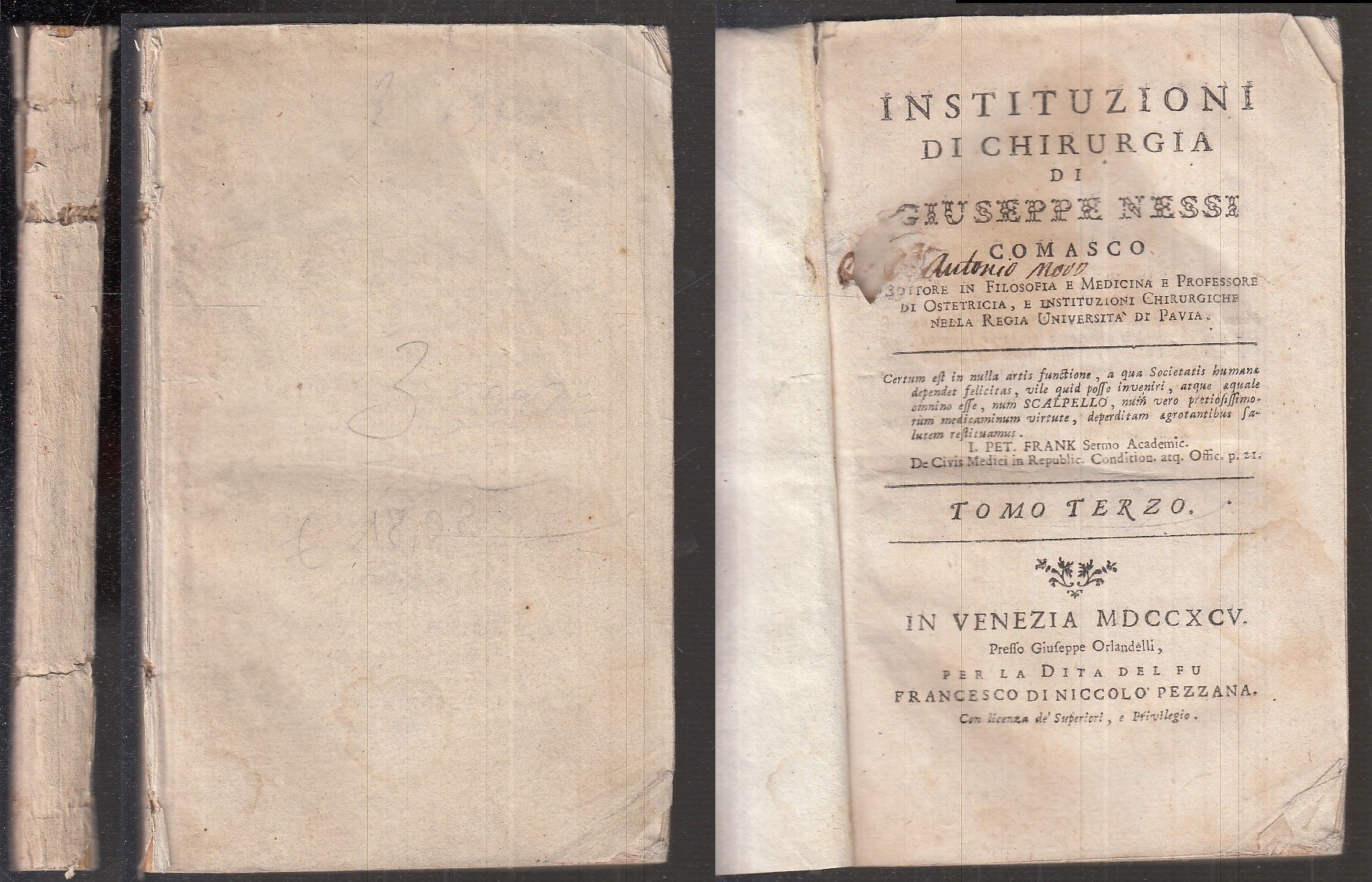 LH- ISTITUZIONI DI CHIRURGIA TOMO TERZO SETTECENTINA - NESSI---- 1795- C- XFS109