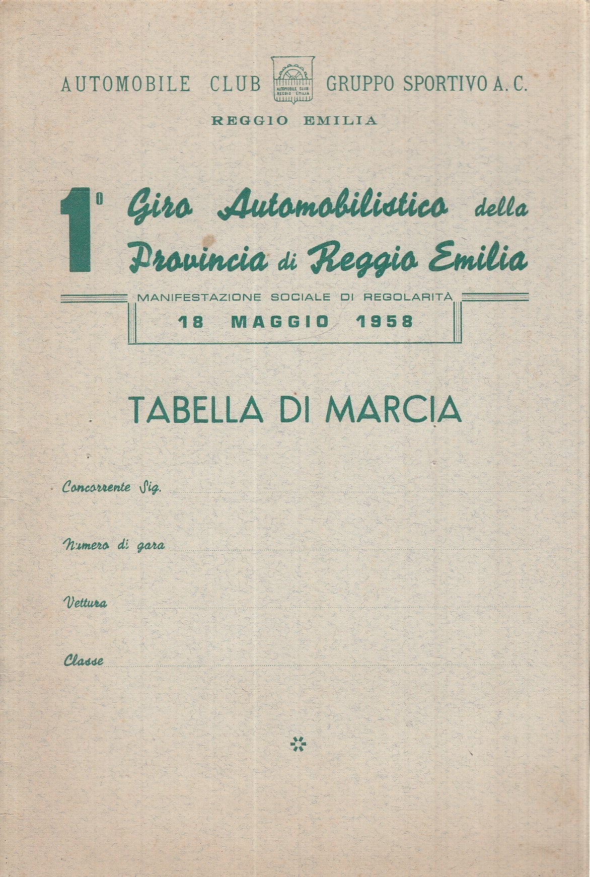 CV- AUTOMOBILE CLUB REGGIO EMILIA 1° GIRO AUTOMOBILISTICO PROVINCIA 1959- XFS111