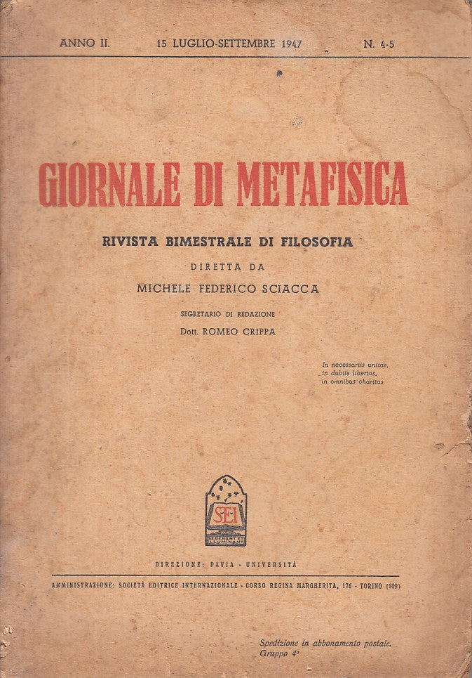 LS- GIORNALE DI METAFISICA FILOSOFIA - SCIACCA - PAVIA --- 1947 - B - ZFS238