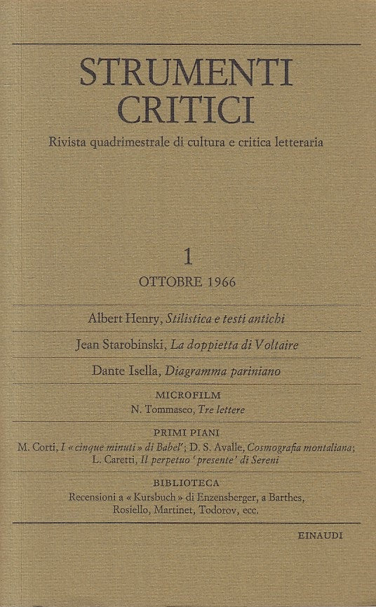 LS- STRUMENTI CRITICI RIVISTA CULTURA CRITICA N.1-- EINAUDI--- 1966 - B - ZFS315