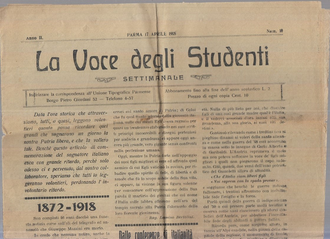 LR- LA VOCE DI PARMA SETTIMANALE LOTTO 13 NUMERI ANNO II --- 1918 - S - WPR