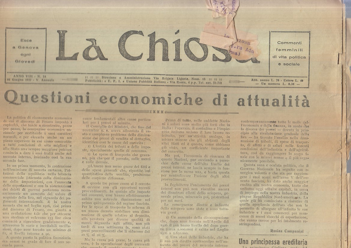 LR- SETTIMANALE LA CHIOSA ANNO VIII N.24 1927 -- GENOVA --- 1927- S- YFS132