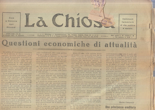 LR- SETTIMANALE LA CHIOSA ANNO VIII N.24 1927 -- GENOVA --- 1927- S- YFS132