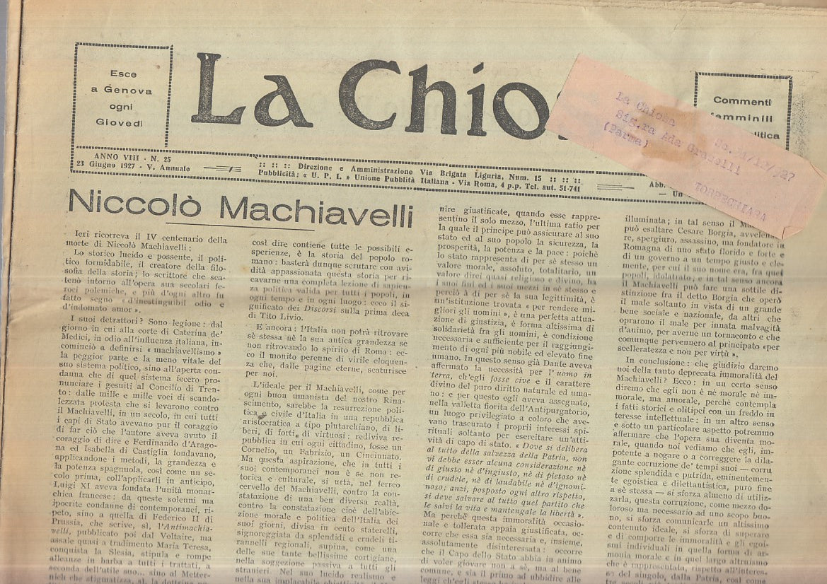 LR- SETTIMANALE LA CHIOSA ANNO VIII N.25 1927 -- GENOVA --- 1927- S- YFS132