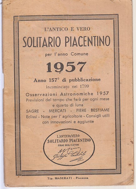 LZ- L'ANTICO VERO SOLITARIO PIACENTINO OSSERVAZIONI ASTRONOMICHE- 1957- S-XFS115