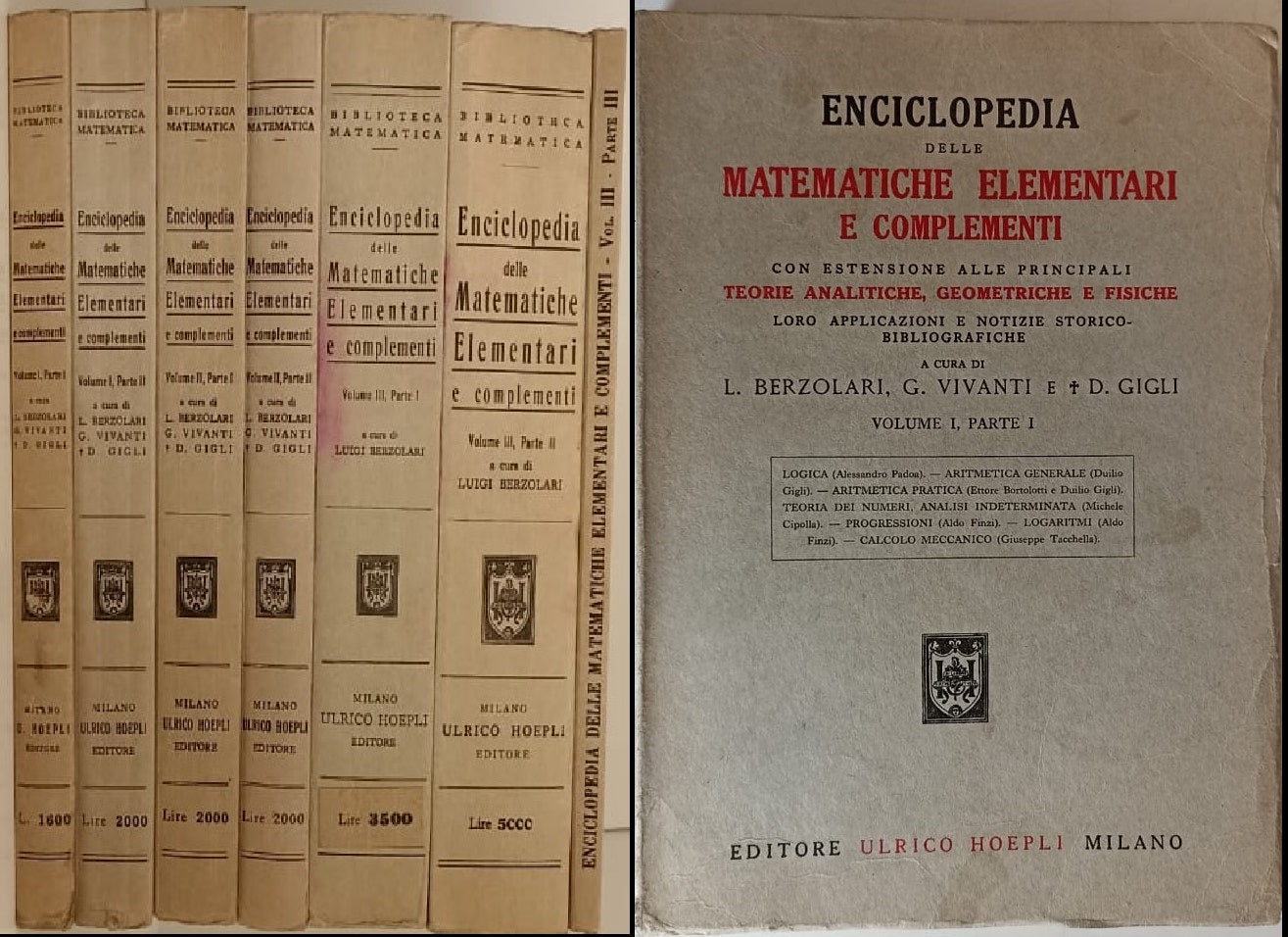 LZ- ENCICLOPEDIA MATEMATICHE ELEMENTARI 3 VOLUMI 7 LIBRI-- HOEPLI--- 1957- B-ZFS