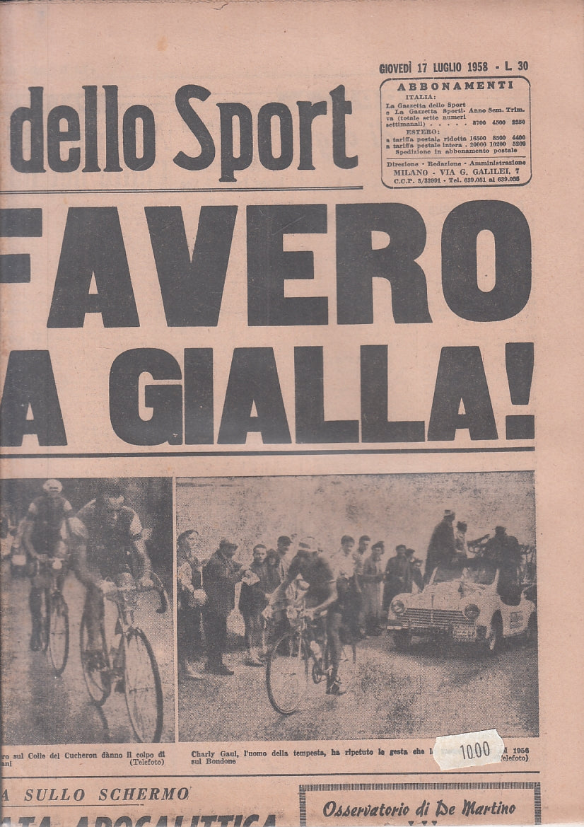 LR- GAZZETTA DELLO SPORT TOUR DE FRANCE 1958 LOTTO 17 NUMERI FAVERO - S - CG1300