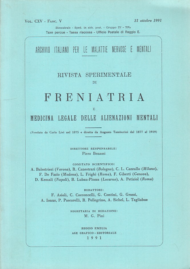 LZ- FRENIATRIA MEDICINA LEGALE VOL.CXV FASC.V-- REGGIO EMILIA--- 1991- B - YFS41