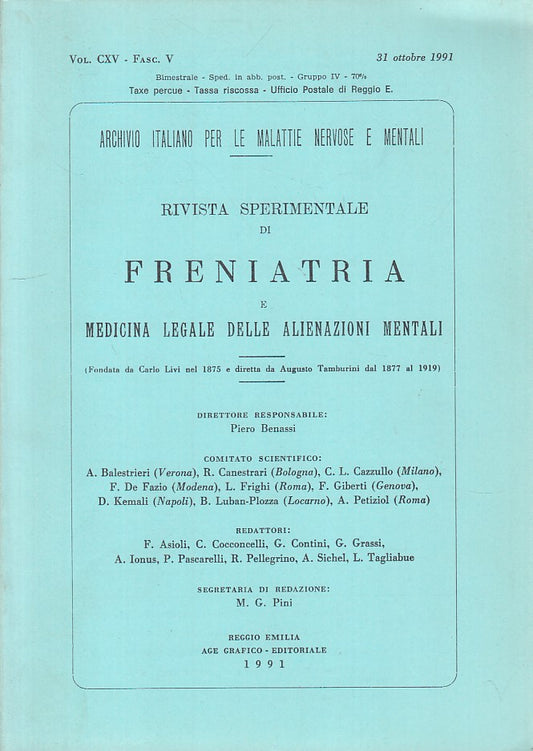 LZ- FRENIATRIA MEDICINA LEGALE VOL.CXV FASC.V-- REGGIO EMILIA--- 1991- B - YFS41