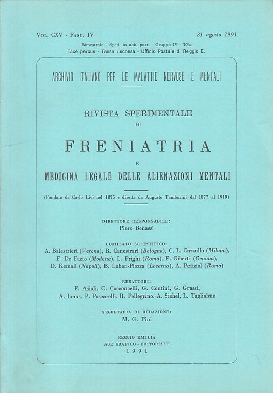 LZ- FRENIATRIA MEDICINA LEGALE VOL.CXV FASC.IV-- REGGIO EMILIA--- 1991- B- YFS42