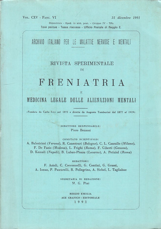 LZ- FRENIATRIA MEDICINA LEGALE VOL.CXV FASC.VI-- REGGIO EMILIA--- 1991- B- YFS40
