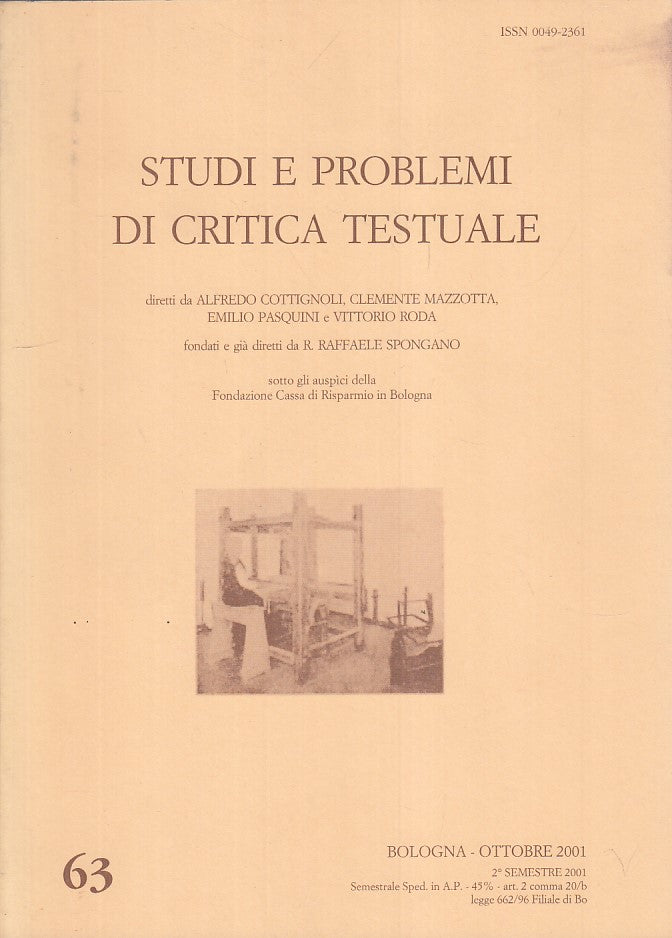 LS- STUDI E PROBLEMI DI CRITICA TESTUALE N.63 -- BOLOGNA --- 2001 - B - YFS34