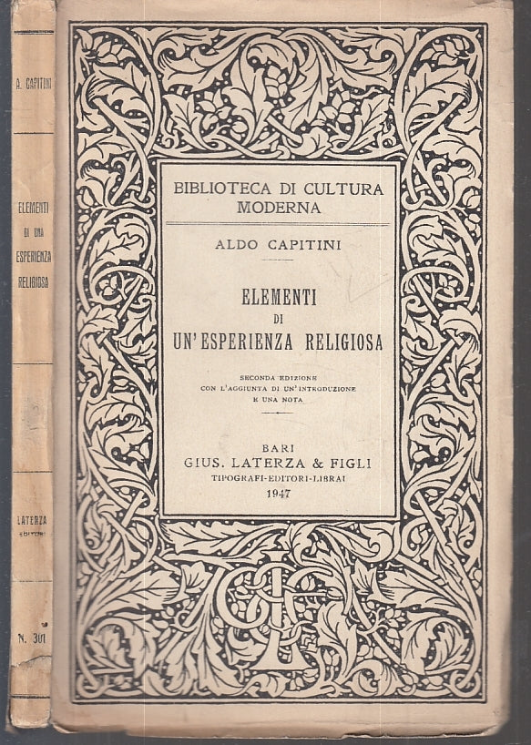 LS- ELEMENTI DI UN'ESPERIENZA RELIGIOSA- ALDO CAPITINI- LATERZA--- 1947- B-XTS55
