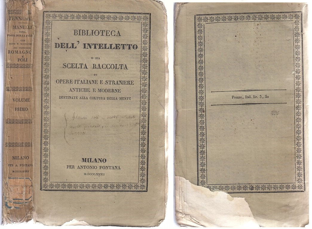 LS- MANUALE STORIA DELLA FILOSOFIA VOL.1 - TENNEMANN- FONTANA--- 1832- B- XFS147