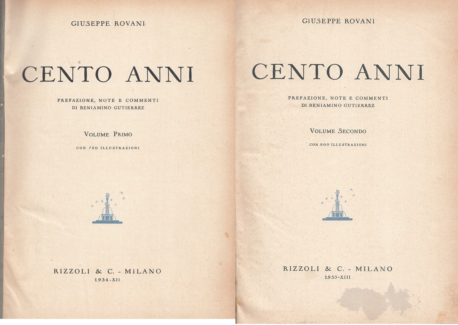 LN- CENTO ANNI VOL I E II - GIUSEPPE ROVANI - RIZZOLI --- 1935 - C - YFS999