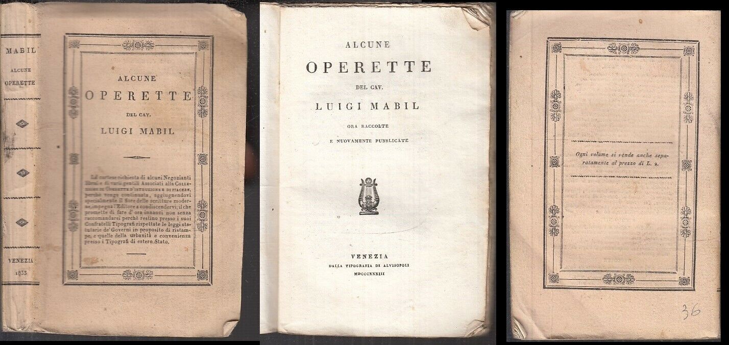 ALCUNE OPERETTE - LUIGI MABIL - TIPOGRAFIA ALVISOPOLI --- 1833 - B - XFS105