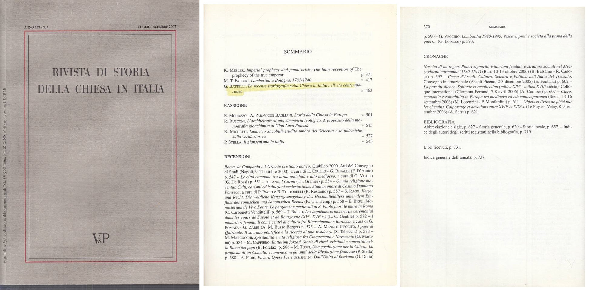 LS- RIVISTA DI STORIA DELLA CHIESA IN ITALIA N.2 -- VP --- 2007 - B - ZTS261